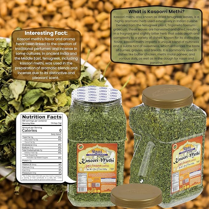 Rani Fenugreek Leaves Dried (Kasoori Methi) 17.5oz (1.1lbs) 500g Bulk PET Jar ~ All Natural | Vegan | Gluten Friendly | NON-GMO | Kosher | Indian Origin
