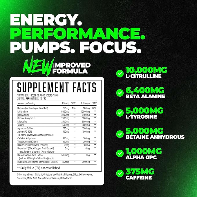 Wrecked Pre Workout Powder, Advanced Formula, Boosts Energy, Focus, Pumps & Performance, 10g L-Citrulline, 6.4g Beta Alanine, 5g Tyrosine, 1g Alpha GPC, 375mg Fast-Acting Caffeine & More (Watermelon)