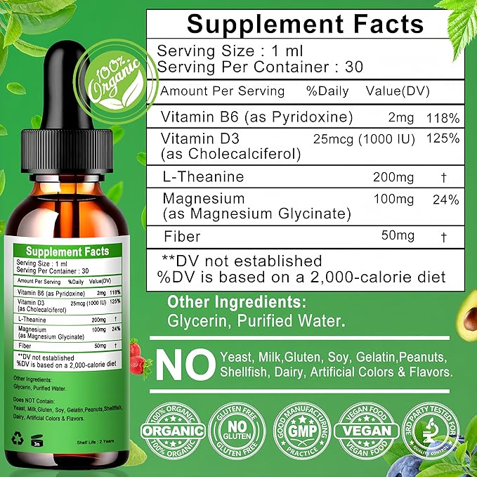 L Theanine Drops, Liquid L-Theanine Supplement 200mg w/Magnesium Glycinate,Vitamins,Fiber for Relaxation,Sleep,Digestion, Calm,High Absorption Mood Support for Adults & Kids,Plant Based,Non-GMO