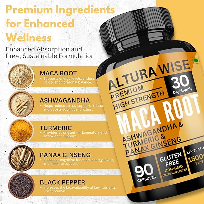 Maca Root Capsules 1500mg - Black | Red & Yellow Blend with Ashwagandha, Panax Ginseng, Turmeric & Black Pepper - Energy, Focus, Performance, Mood & Immune Support for Men & Women - 90 Caps