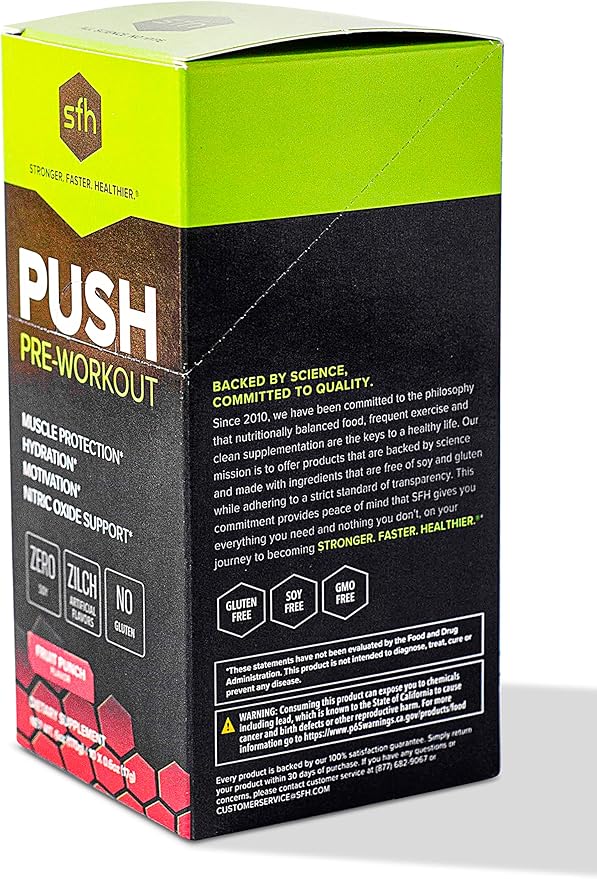 SFH Push Pre-Workout Powder (Fruit Punch) Best Tasting 5g BCAA's for Muscle Repair | Non-Dairy, No Artificial Flavors, Colors, or Sweeteners (Pack of 10 Single Serves)