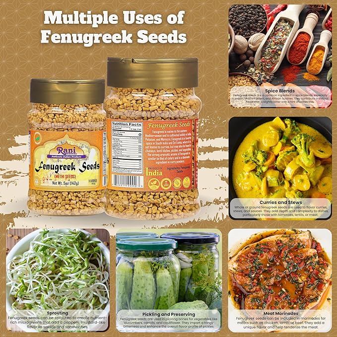 Rani Fenugreek (Methi) Seeds Whole 5oz (141g) PET Jar, Trigonella foenum graecum ~ All Natural | Vegan | Gluten Friendly | Non-GMO | Indian Origin, used in cooking & Ayurvedic spice