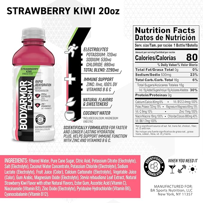 BODYARMOR Flash I.V. Electrolyte Beverage, Strawberry Kiwi, Hydration Drink with Coconut Water For Rapid Rehydration, Post Workout Recovery, 20 Fl Oz (Pack of 12)