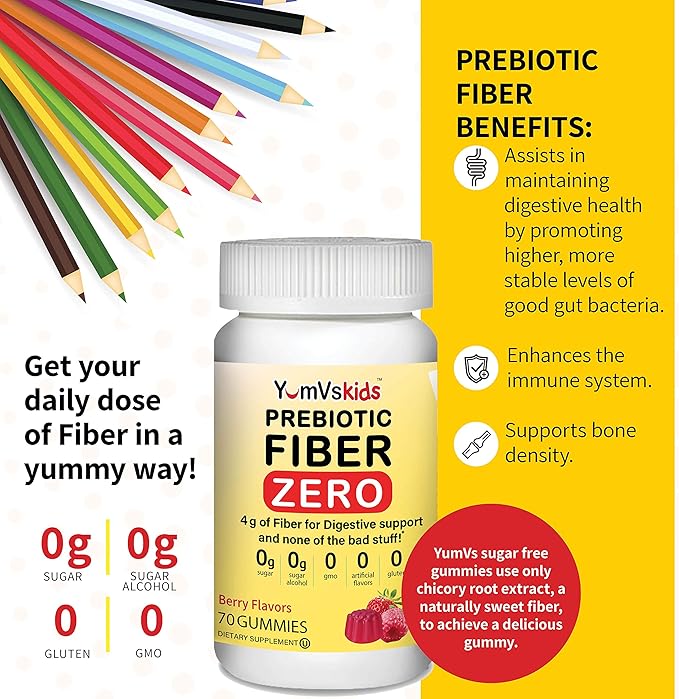 Prebiotic Fiber Zero Gummies for Kids by YumVs | Keto Sugar Free Gummy Chews for Toddlers |4g Fiber for Children Constipation Support | Natural Kosher Halal Berry Chewable 70 Count