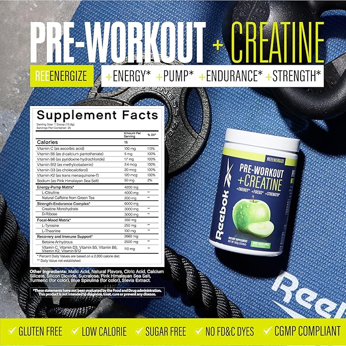 Reebok ReeEnergize Pre-Workout + Creatine | 200MG Caffeine, 3G Creatine, 4G Citrulline | Energy, Focus, Strength | Nitric Oxide Booster | 25 Servings | Sour Green Apple