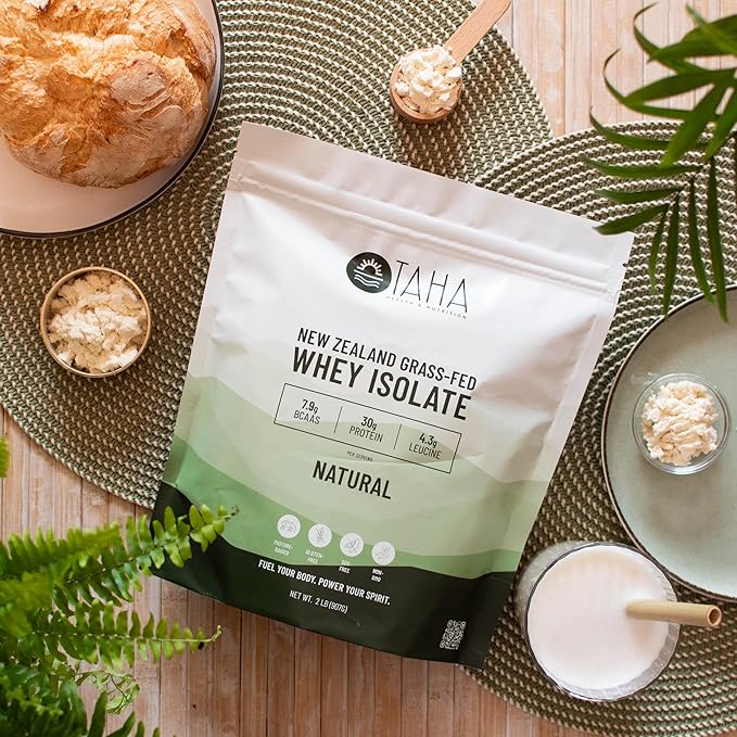 Taha Health & Nutrition Natural Unflavored Whey Protein Isolate, 30g Protein, 7.9g BCAAs, 4.3g Leucine | New Zealand Grass-Fed, Free-Range Dairy | Gluten & Soy Free, Keto, Kosher | 2LB, ~26 Servings