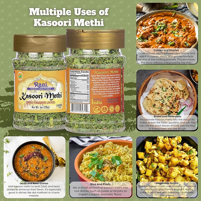 Rani Fenugreek Leaves Dried (Kasoori Methi) 1oz (28g) PET Jar ~ All Natural | Vegan | Gluten Friendly | NON-GMO | Kosher | Indian Origin