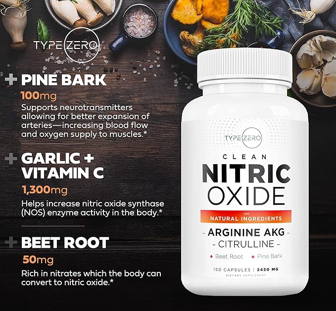 Type Zero Nitric Oxide 6X Booster, 150 Veggie Capsules - Natural Supplement - Beetroot, Arginine AKG, Citrulline, Pine Bark, Garlic & VIT C | #1 Nitric Oxide Pills for Men, Nitrous Oxide Blood Flow