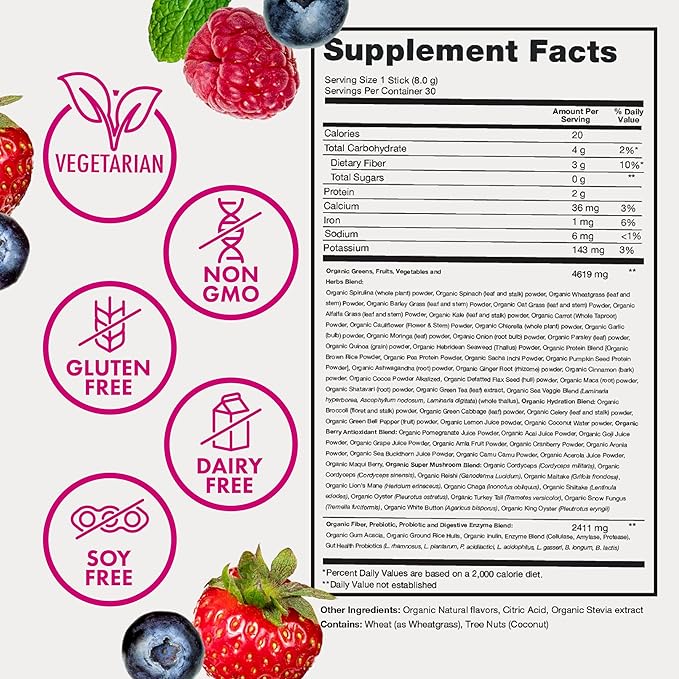 Organic Super Greens Powder, 70+ Superfoods, 0 Sugar, 3G Fiber, Spirulina, Chlorella, Antioxidants, Prebiotics/Probiotics, Digestive Enzymes, Mixed Berry, 30 Drink Mix Packets