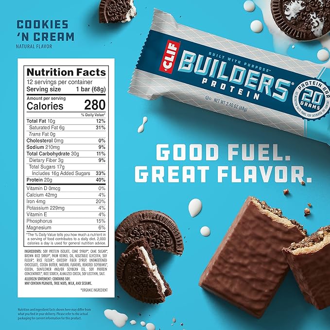 CLIF BUILDERS Protein Bars - Cookies 'n Cream Flavor - 20g Plant Based Protein - Gluten Free - Non-GMO - Low Glycemic - No Artificial Sweeteners - 2.4 oz. (12 Pack)