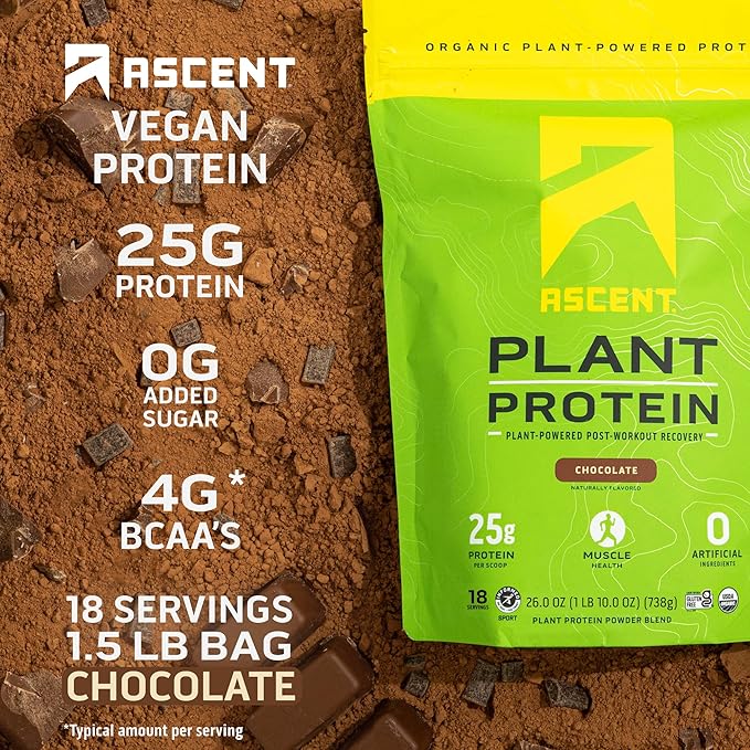 Ascent Casein Protein Powder Vanilla Bean 2 lb & Plant Protein Powder Chocolate 18 Servings
