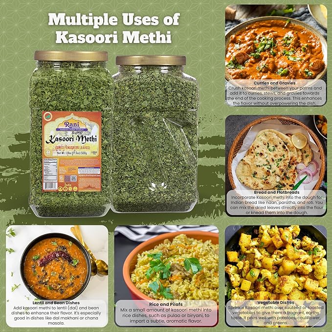 Rani Fenugreek Leaves Dried (Kasoori Methi) 17.5oz (1.1lbs) 500g Bulk PET Jar ~ All Natural | Vegan | Gluten Friendly | NON-GMO | Kosher | Indian Origin