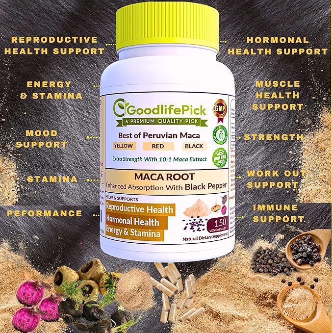Peruvian Maca Root Capsules 150 ct. Powerful Maca Blend of Yellow Red & Black Maca Root with Black Pepper. All Natural NonGMO Vegan No Stearate No Rice Powder No Silica No Filler