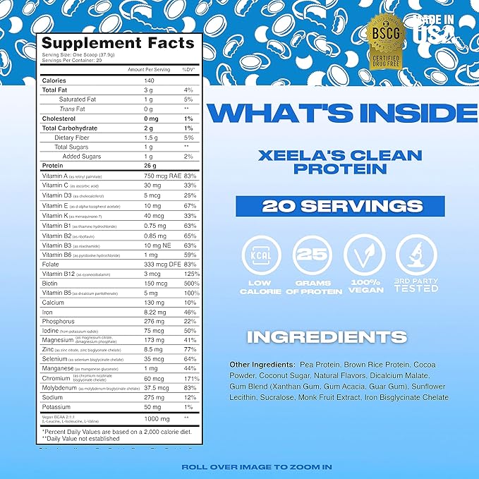 XEELA Plant Based Vegan Protein Powder - Independently Tested - 25g High Protein, Pea Protein for Men & Women - Vitamins & Minerals, Non GMO, Dairy & Gluten Free, LowCarb & LowFat (Peanut Butter Cup)