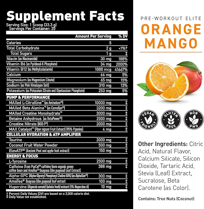 Kaged Pre Workout Powder Pre-Workout Elite for Men & Women, High Stimulant for Energy, Focus, Pumps, L-Citrulline, Beta Alanine, Creatine & 388mg of Organic Caffeine, Orange Mango
