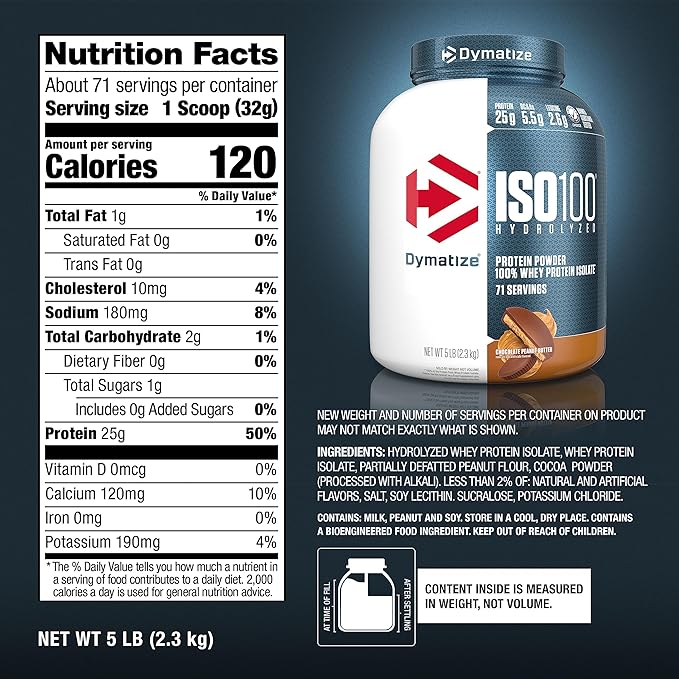 Dymatize ISO100 Whey Protein Powder Isolate, Chocolate Peanut Butter, 25g of Protein, 5 Pound, 5.5g BCAAs, Less Than 120 Cal., Gluten Free, 1g Fat, 1g Sugar, 2g Carb