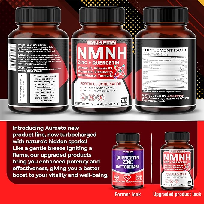 NMNH 600 mg with Zinc, Quercetin, Vitamin D3, Elderberry & Nattokinase – Daily Cellular Wellness & Healthy Aging Support – 150 Capsules – Made in USA