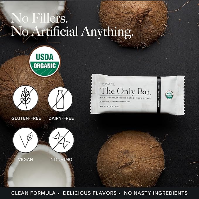 Truvani Plant Based Snack Bars | Coconut Cashew 4 Pack | 5g Protein | USDA Organic and Vegan | The Only Bar | Dairy, Soy, and Gluten Free | Individually Wrapped