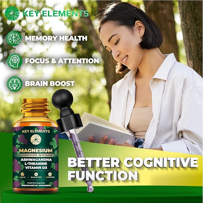 Liquid Magnesium L-Threonate with Magnesium Glycinate for Sleep | Ashwagandha with L Theanine and Vitamin D3 Magnesium Supplement | Ashwagandha and Magnesium with L-Theanine
