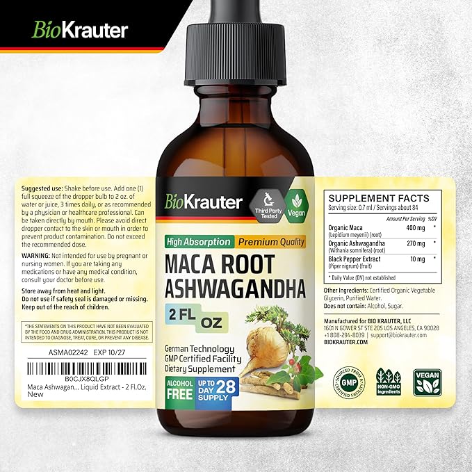 BIO KRAUTER Maca Root and Ashwagandha Tincture - Maca & Ashwagandha Supplements for Men & Women - Liquid Supplement for Mood Support - Alcohol and Sugar Free - Vegan Drops 2 Fl.Oz.