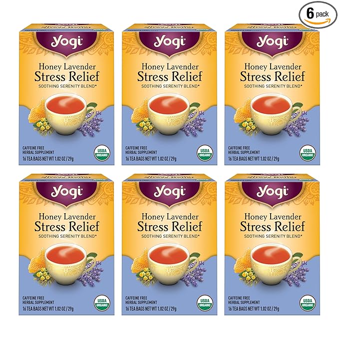Yogi Tea Honey Lavender Stress Relief Tea - 16 Tea Bags per Pack (6 Packs) - Organic Chamomile Lavender Tea - Includes Lemon Balm, Lemongrass, Spearmint Leaf, Peppermint Leaf, Honey Flavor & More