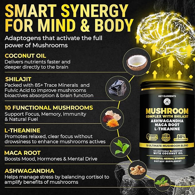 Organic Mushroom Complex with Shilajit & Coconut Oil - Lion’s Mane Mushroom Supplement with Ashwagandha and L-Theanine - Mushroom Nootropic for Memory, Focus & Immune Mushroom Capsules Softgels