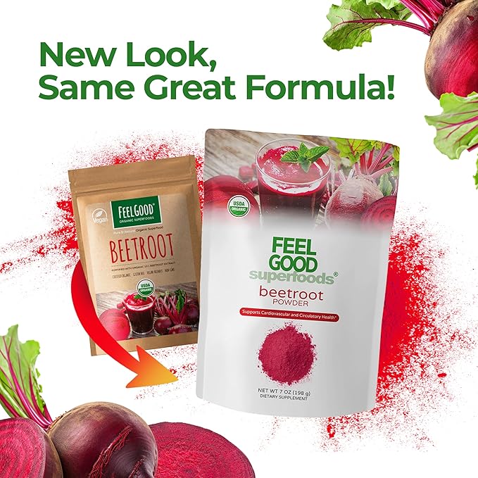 Feelgood Superfoods Fortified Organic Beetroot Powder - Nitric Oxide Booster for Cooking and Smoothies - Pure Beets with 10:1 Beet Root Extract - Supports Cardiovascular and Circulatory Health - 7 oz