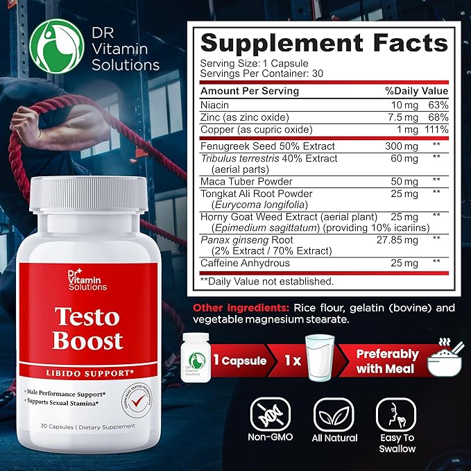 DR VITAMIN SOLUTIONS Testo Boost Supplement for Men - Stamina, Endurance & Energy Enhancement - Male Testosterone Booster w/Fenugreek, Tribulus, Tongkat Ali, Horny Goat Weed - 30 Capsules