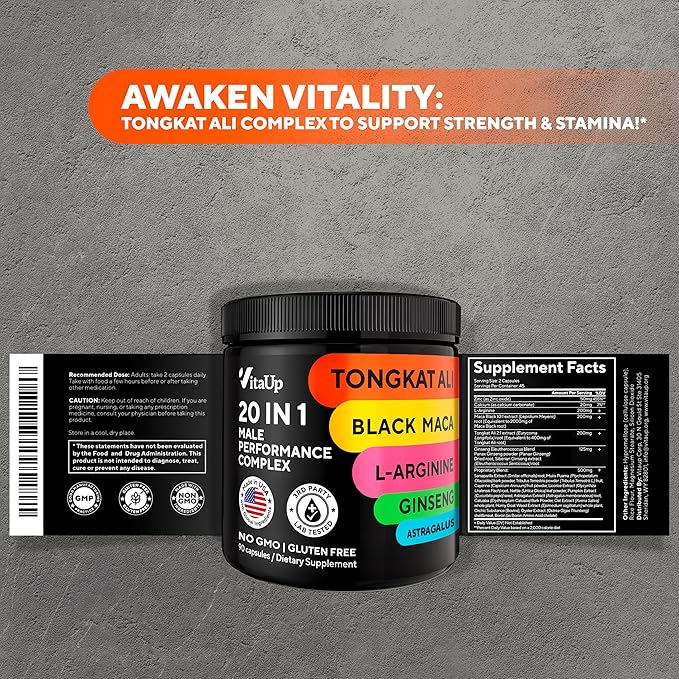 Tongkat Ali for Men 20 in 1 with Astragalus - USA Made Mens Supplement Complex with Black Maca Root, L-Arginine, Ginseng, Calcium, Astragalus for Normal Strength & Endurance Support - 90 Caps