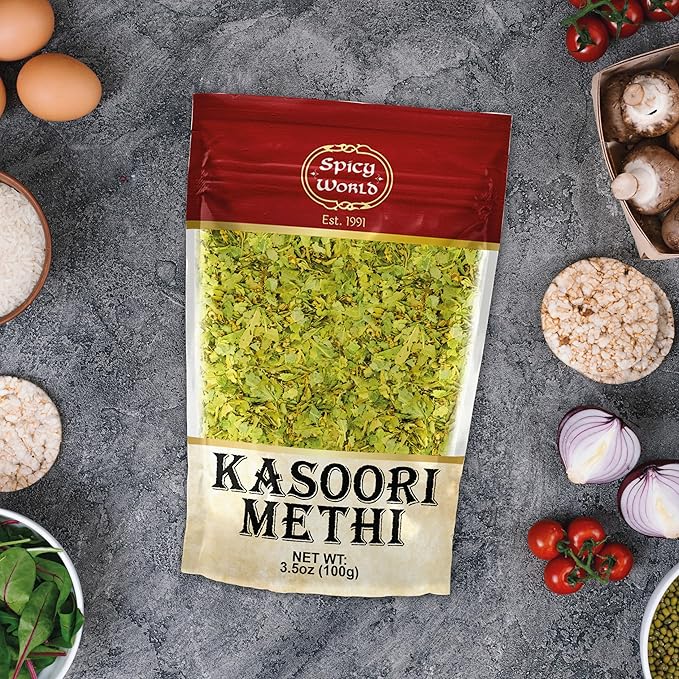 Spicy World Dried Fenugreek Leaves (Kasoori Methi) 3.5oz Box (100g) - All Natural | Vegan | Gluten Friendly | NON-GMO | Indian
