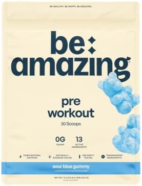 Be Amazing - Vegan Pre-Workout Powder, All-Natural Caffeine, Gluten-Free Energy Booster Powdered Drink with Adaptogens, No Crash, No Jitters, Sour Blue Gummy, 30 Scoops