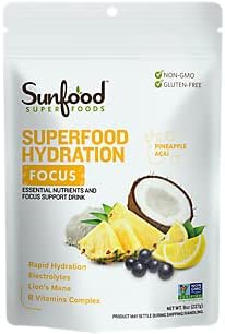 Sunfood Superfoods Hydration Electrolyte Powder Drink Mix | 8 oz. Bag, 20 Servings | Coconut Water, Pink Himalayan Salt, Lemon & Pineapple Juice Mix | Lion's Mane & B-Vitamin Complex