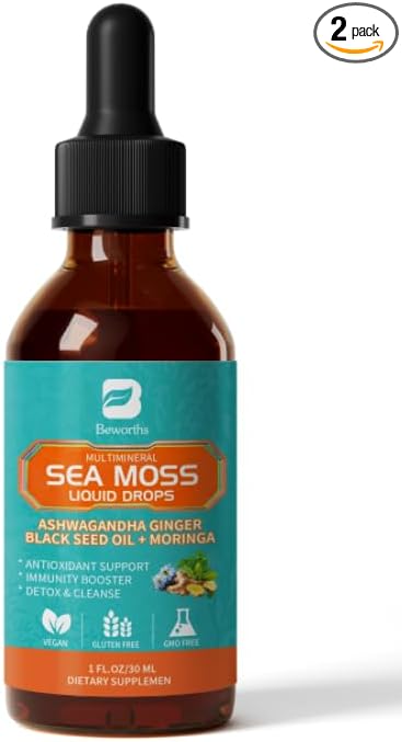 Sea Moss Drops with Black Seed Oil Ashwagandha Turmeric Bladderwrack Burdock & Vitamin C Vitamin D3 with Elderberry Manuka, Chlorophyll