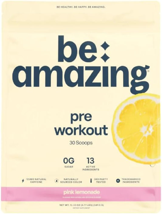 Be Amazing Vegan Pre-Workout Powder | Energy Booster Powdered Drink with All-Natural Caffeine, No Crash, No Jitters | Supplement with Adaptogens for Men and Women | Pink Lemonade, 40 Scoops