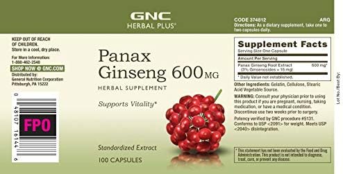 GNC Herbal Plus Panax Ginseng 600mg, 100 Capsules, Supports Vitality