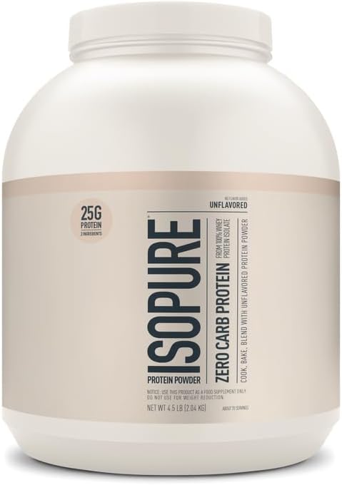 Isopure Zero Carb 100% Pure Whey Isolate Protein Powder, Lactose Free, Gluten Free, with Vitamins, Unflavored, 25g Protein Per Serving, 4.5 Lbs, 50 Servings