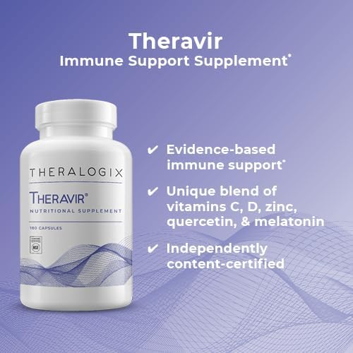 Theralogix Theravir Immune Support Supplement - 90-Day Supply - Immune Support Supplement for Women & Men - Includes Vitamin D3, Vitamin C, Zinc, Quercetin & Melatonin - NSF Certified - 180 Capsules