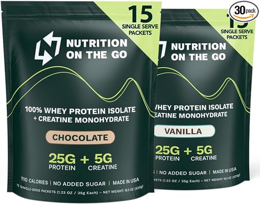 Variety Pack Whey Protein Powder with Creatine – 25g Protein, 5g Creatine – Single-Serve Packets for Travel, Gym, and On The Go – Easy Mix, Gluten-Free (30-Pack)