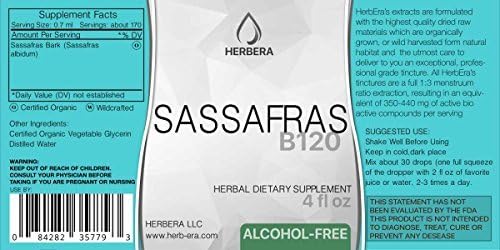 Sassafras B120 Alcohol-Free Herbal Extract Tincture, Concentrated Liquid Drops Natural Sassafras (Sassafras albidum) Dried Root Bark (4 fl oz)
