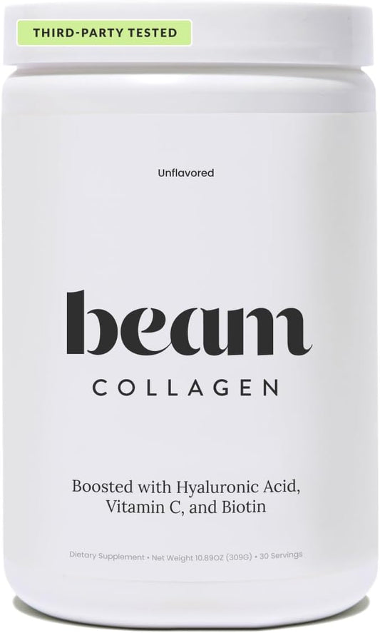 Beam Collagen Powder, Collagen for Women, Collagen with Hyaluronic Acid, Collagen Peptides Type 1 and 3, with Biotin, Grass Fed Bovine, Third-Party Tested, Best for Coffee, Vitamin C, 30 Servings
