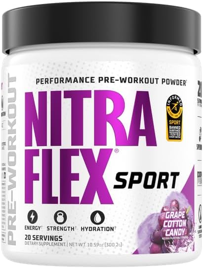 Nitraflex Sport Grape Cotton Candy Pre-Workout Powder, Banned Substance Tested, Citrulline, Betaine, Electrolytes, Hydration, Boron, for Men & Women, 20 Servings