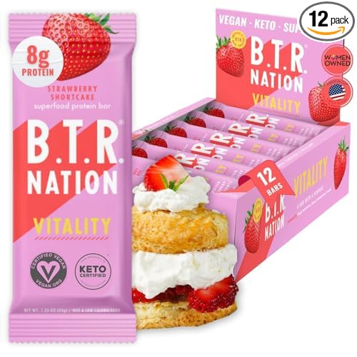 B.T.R. Nation Vegan Superfood Protein Bars - Strawberry Shortcake VITALITY | 12 Bars | Keto, Plant Based, and Gluten Free Low Carb, Sugar Alcohol Free, & Boosted with Powerful Superfood!