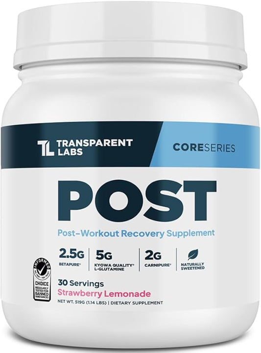 Transparent Labs Post - Post-Workout Recovery Muscle Builder with L-Glutamine, Beta-Alanine and BetaPure Betaine Anhydrous for Muscle Recovery and Muscle Building - 30 Servings, Strawberry Lemonade