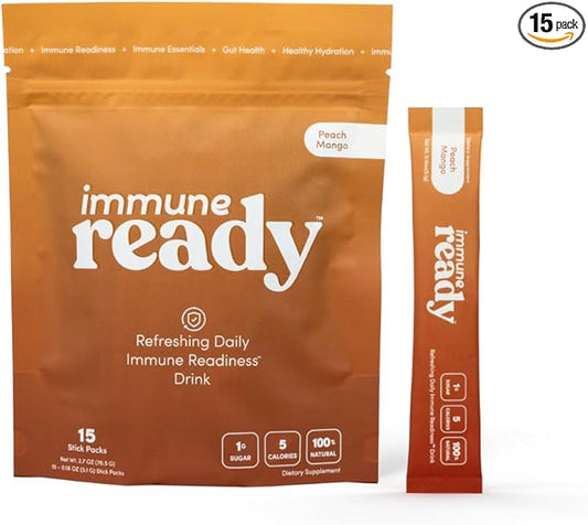 Immune Ready™ Immune Boost Drink Mix - All-in-One Immune Support, Gut Health, and Electrolyte Powder Packets with Vitamin C, Beta Glucan, Zinc, Elderberry, D3, Pre & Probiotics - Peach-Mango - 15 Pack