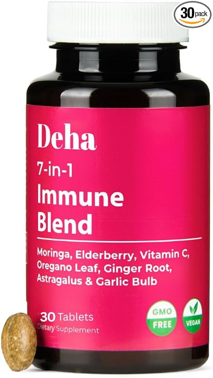 7-in-1 Immune Support Supplement Tablets Moringa Vitamin C Elderberry with Oregano Leaf, Ginger Root, Astragalus & Garlic Bulb Herbal Wellness - GMP Certified - Organic, Non-GMO, Vegan - 30 Count