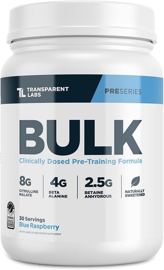 Transparent Labs Bulk Pre Workout Powder - Naturally Sweetened Advanced Pre-Workout Formula for Muscle Building and Strength - 30 Servings, Blue Raspberry
