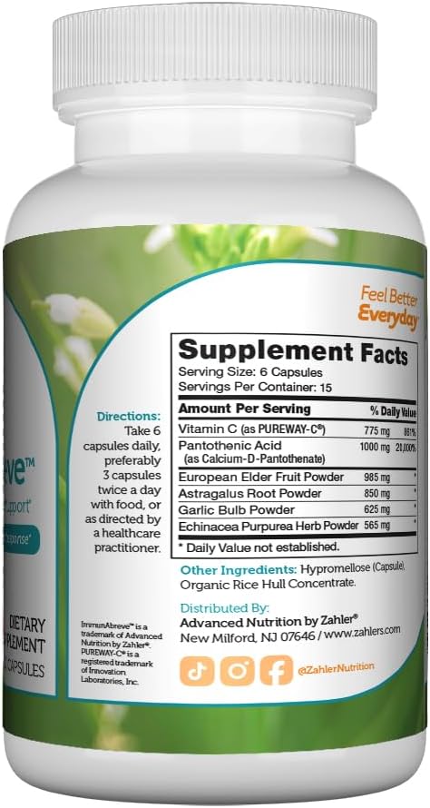 Zahler ImmunAbreve, Powerful Immune System Support, Contains Vitamin C Pantothenic Acid Echinacea and More, Certified Kosher (90 Capsules)