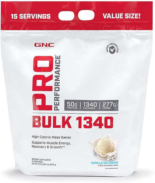 GNC Pro Performance Bulk 1340 Mass Gainer Protein Powder, 50g, Gluten Free, Whey, Creatine, BCAA, 3rd Party Tested, Muscle Recovery & Growth, Micronutrients, Vanilla Ice Cream, 15 Servings