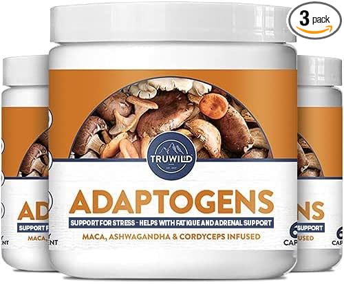 TruWild Adaptogens Vegan Capsule Supplement w/Ashwagandha + Maca w/Full Spectrum Mushrooms – All Natural – 60 Servings