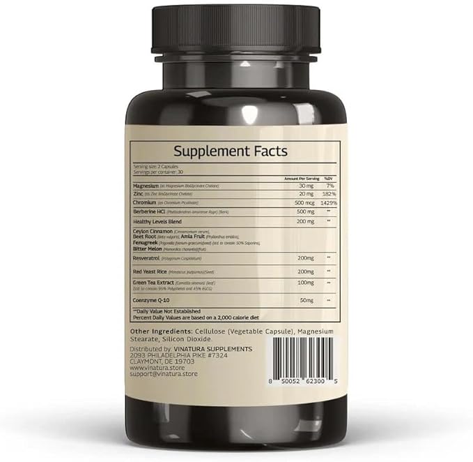 Berberine HCL & Ceylon Cinnamon - Red Yeast Rice & CoQ10 1300mg per Serving *USA Made & Tested* Healthy Levels with Green Tea Extract, Resveratrol, Magnesium, Glycinate, Chromium Picolinate